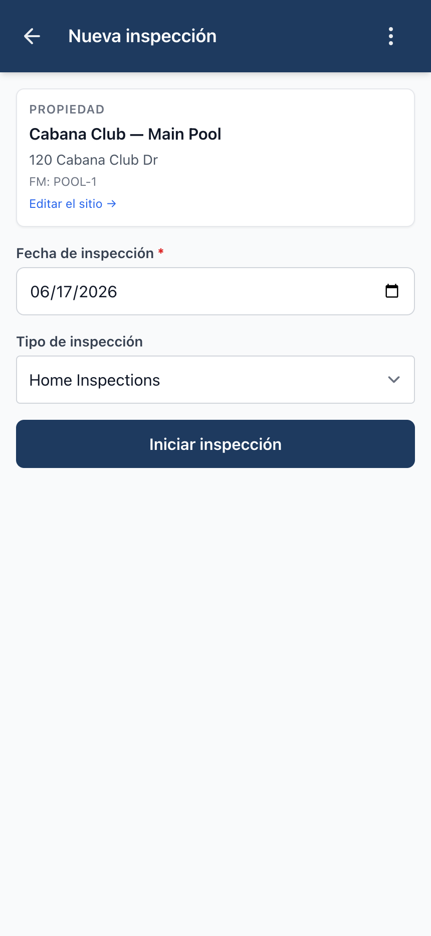 Iniciar una nueva visita desde un sitio — la dirección y el identificador FM se completan solos.