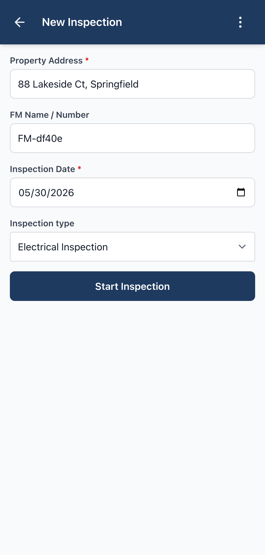 Starting a new visit from a site — address and FM identifier prefill.