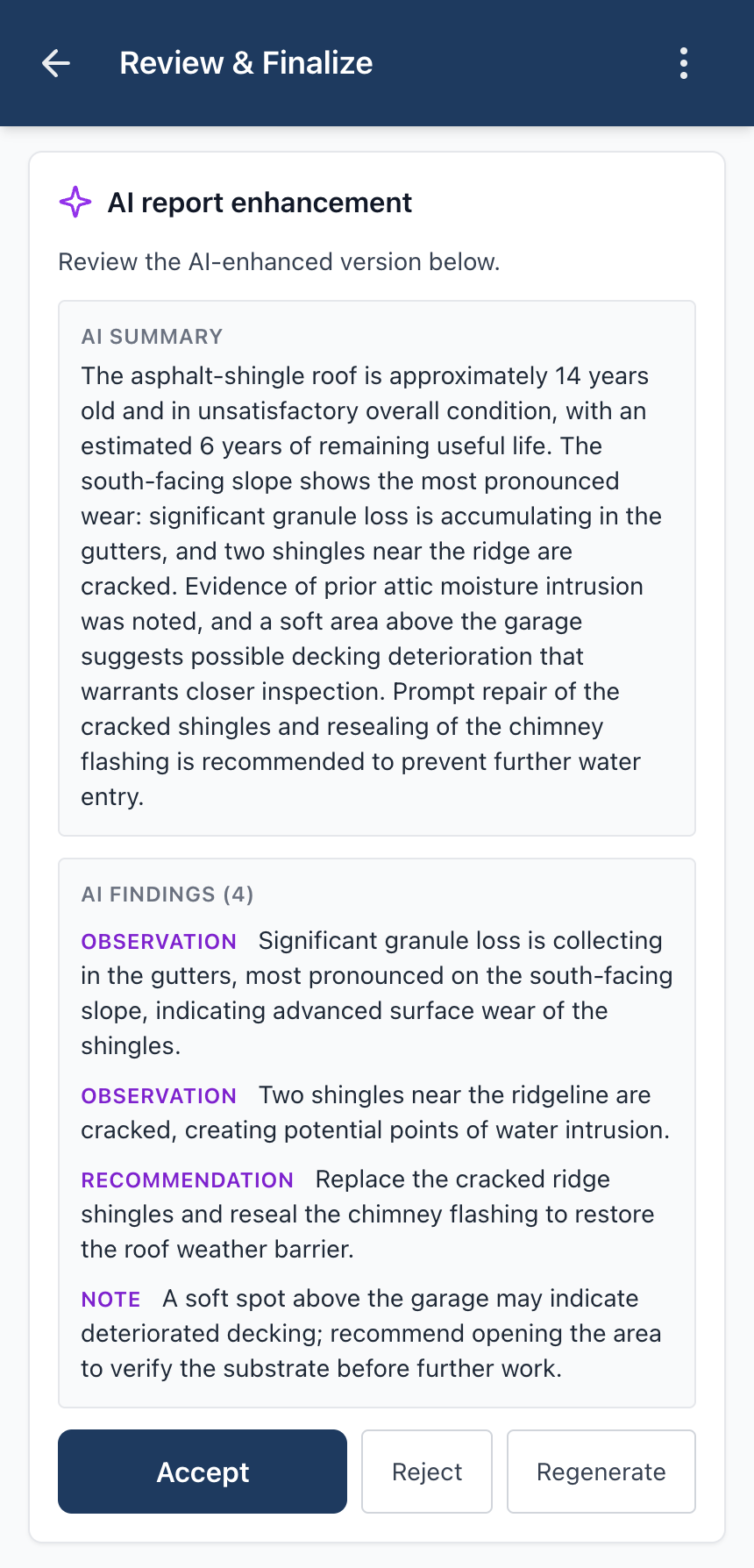 AI-rewritten summary alongside the inspector's original, with accept/reject actions.