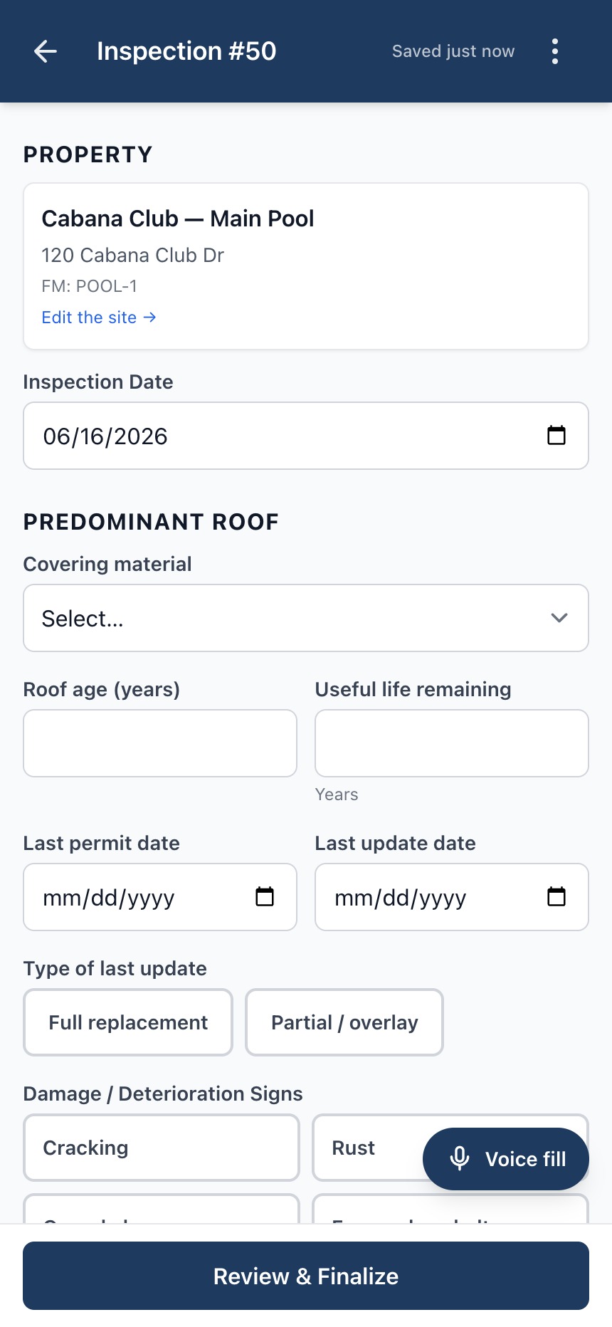 The Voice fill button floating on an inspection form.