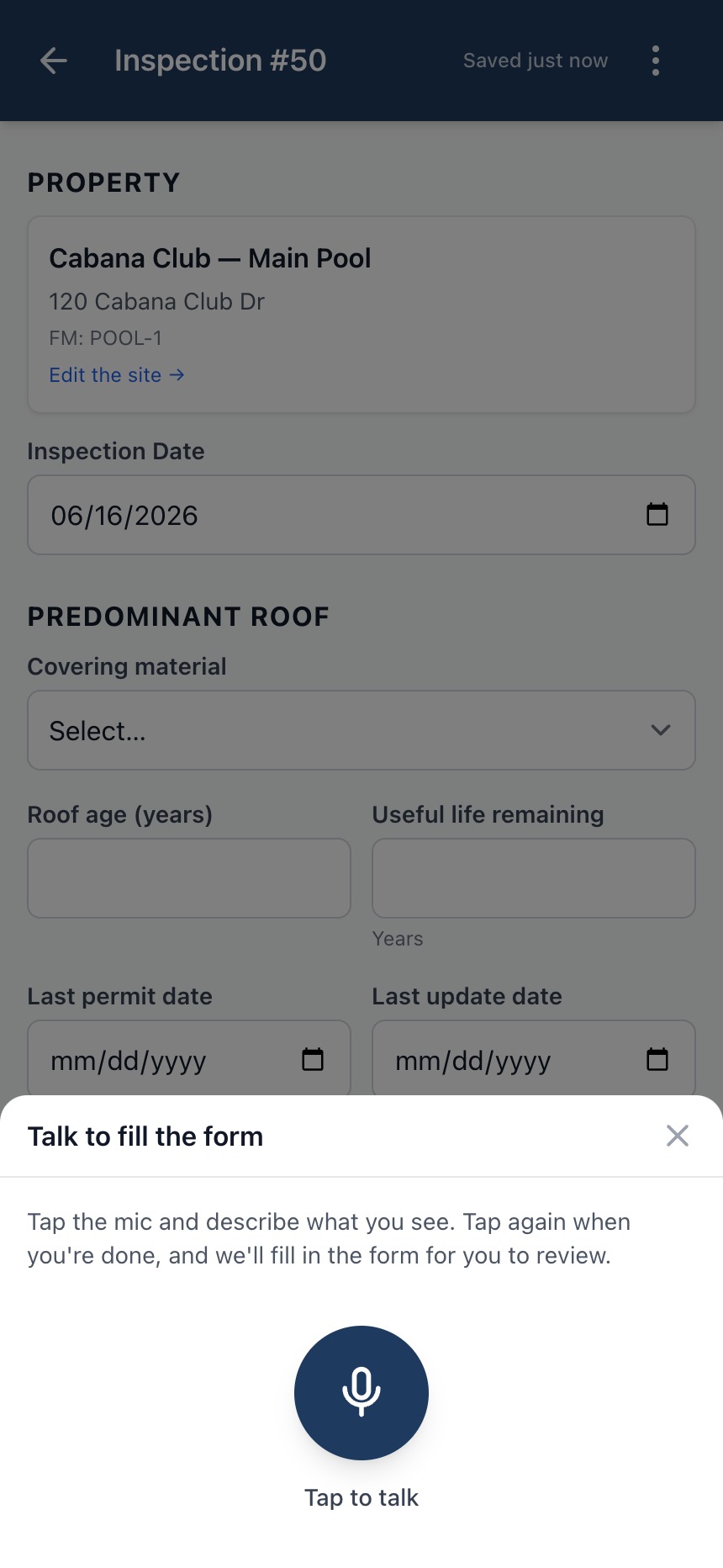 The Talk to fill the form sheet with a tap-to-talk mic.