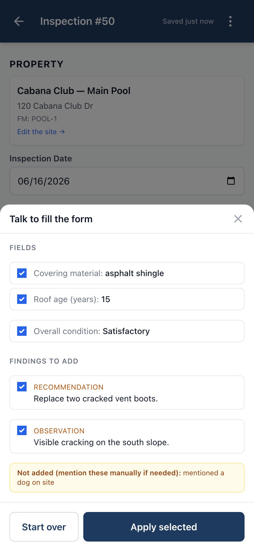 Review sheet with a checkbox on each proposed field value and finding, and an Apply selected button.