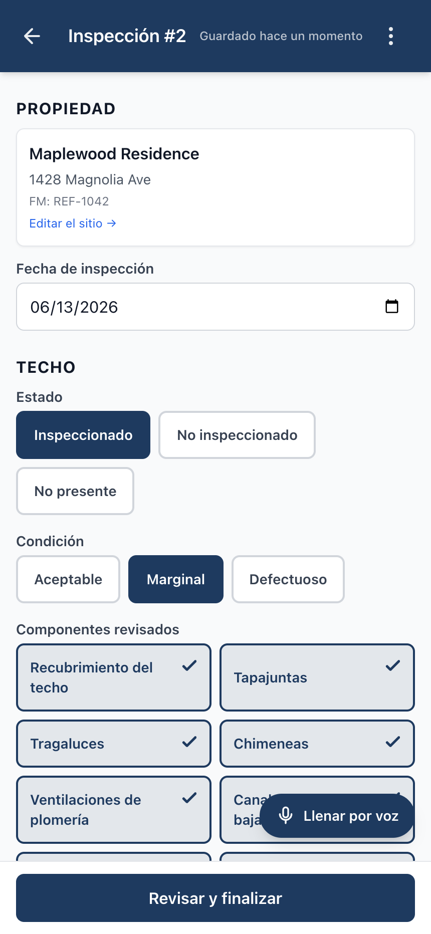 Editor de inspección de hogar — sistema de techo.