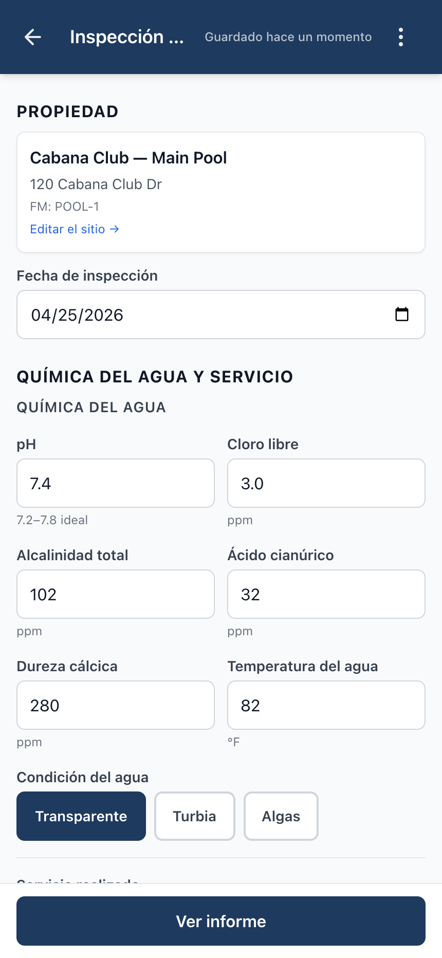 Editor de inspección de albercas en el teléfono.