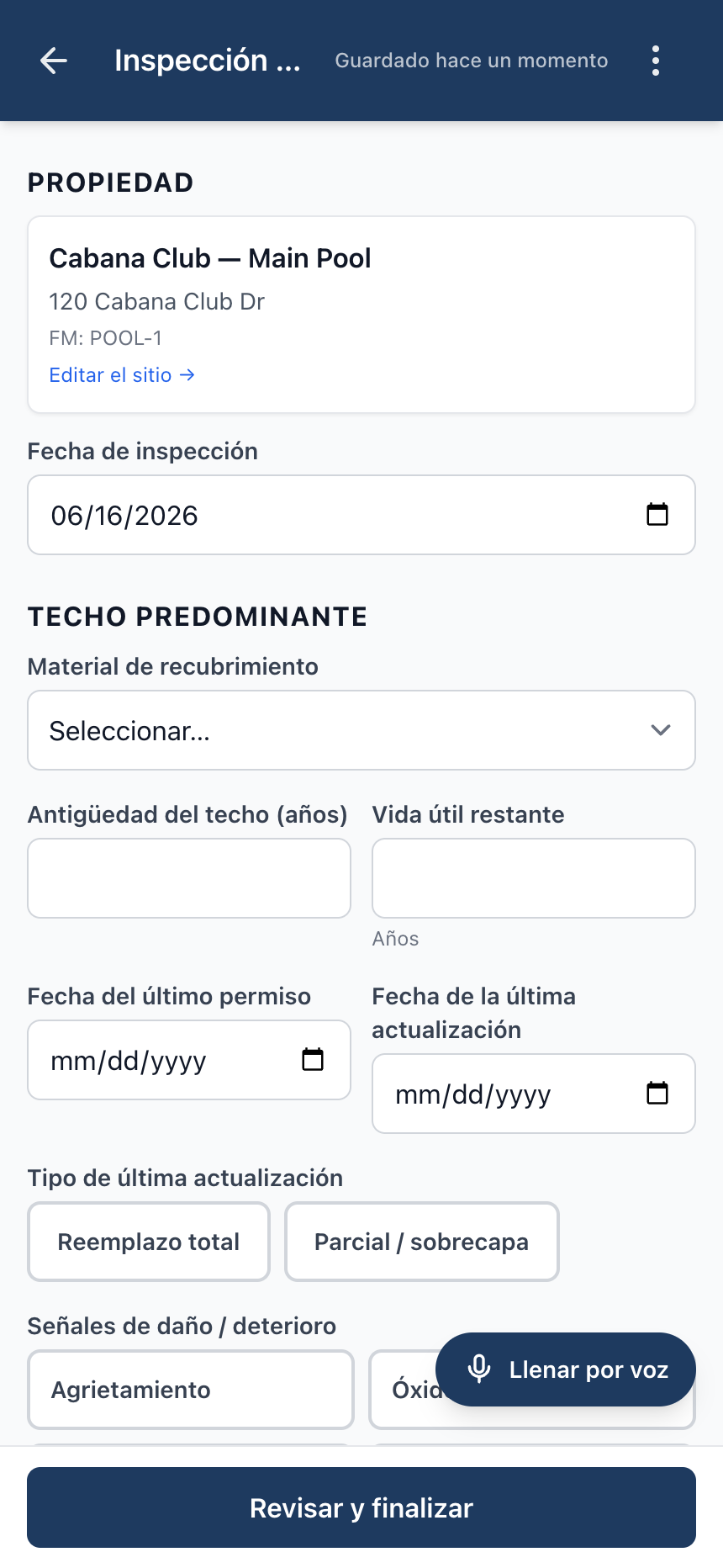 Editor de inspección de techos en el teléfono.