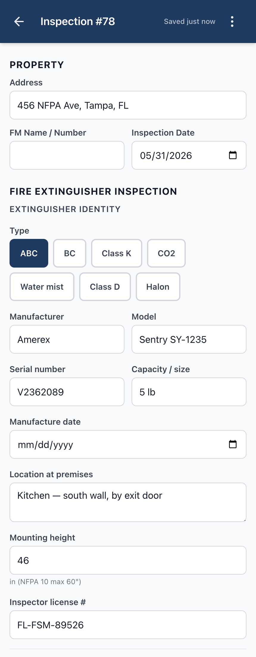 Extinguisher editor — screen 1.