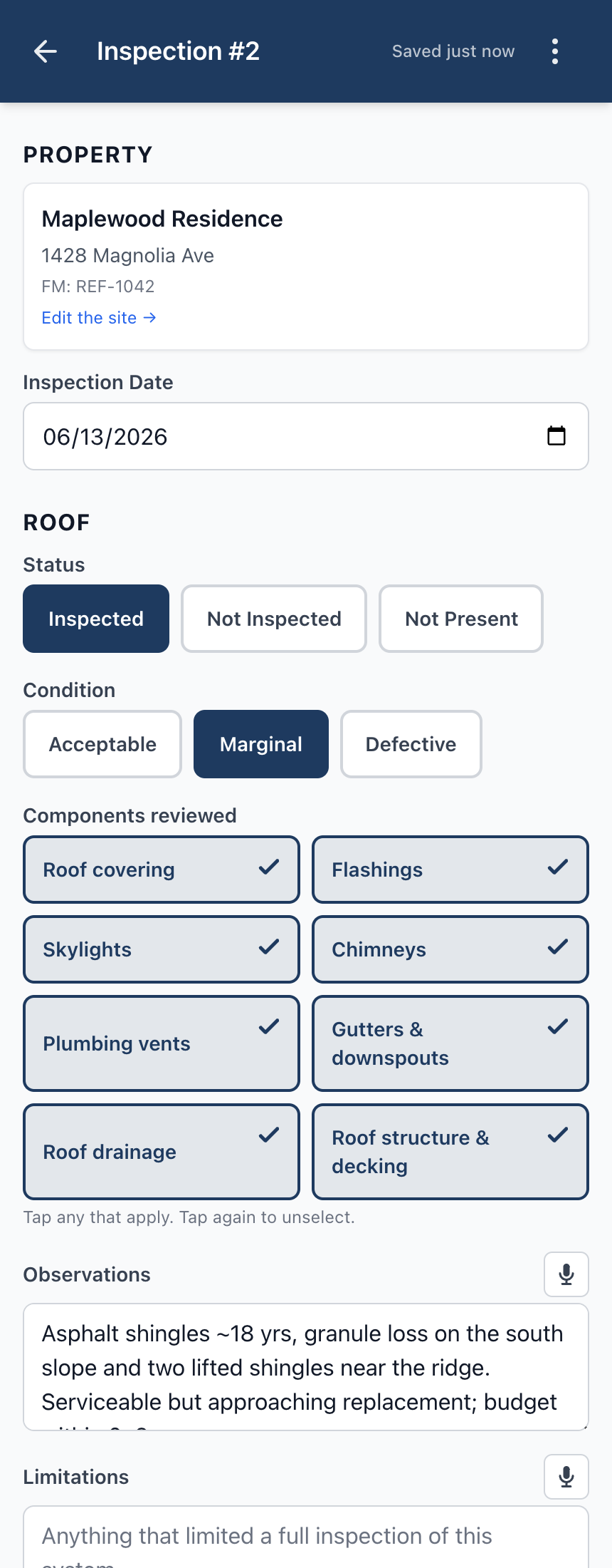 Home inspection editor — roof system.