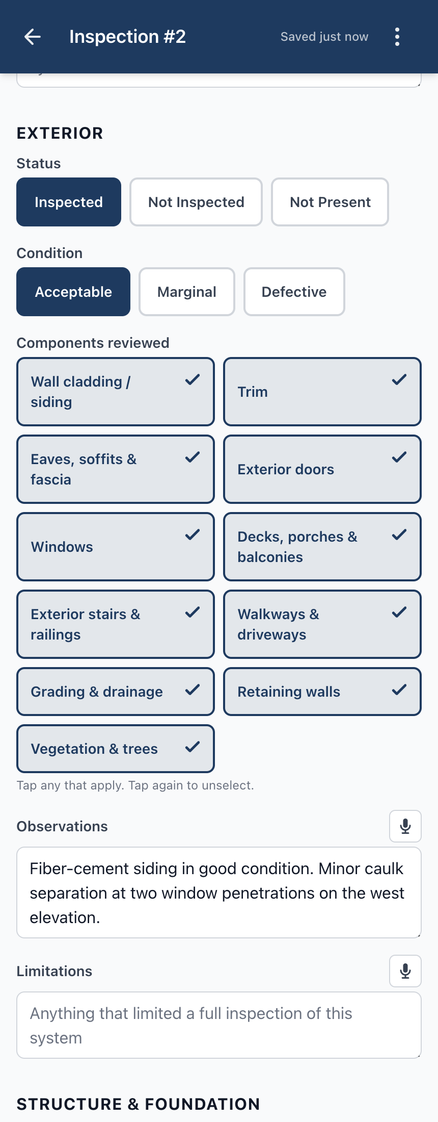 Home inspection editor — exterior system.