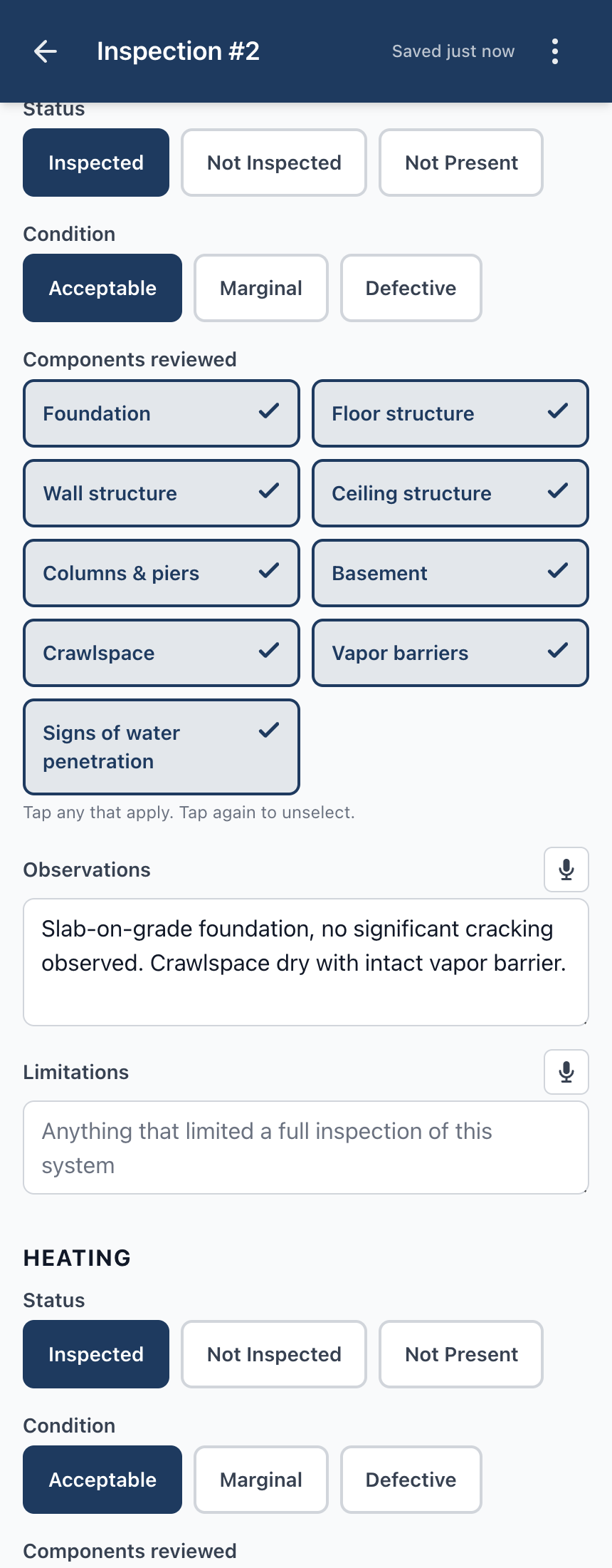 Home inspection editor — structure system.