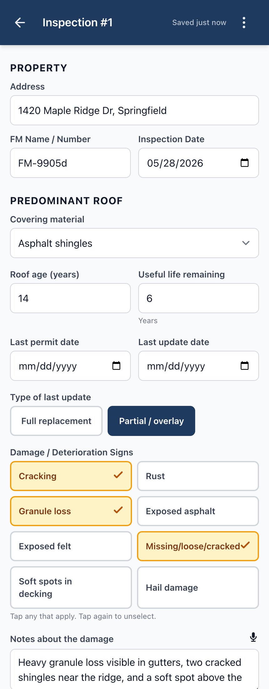 Roofing inspection editor on phone.